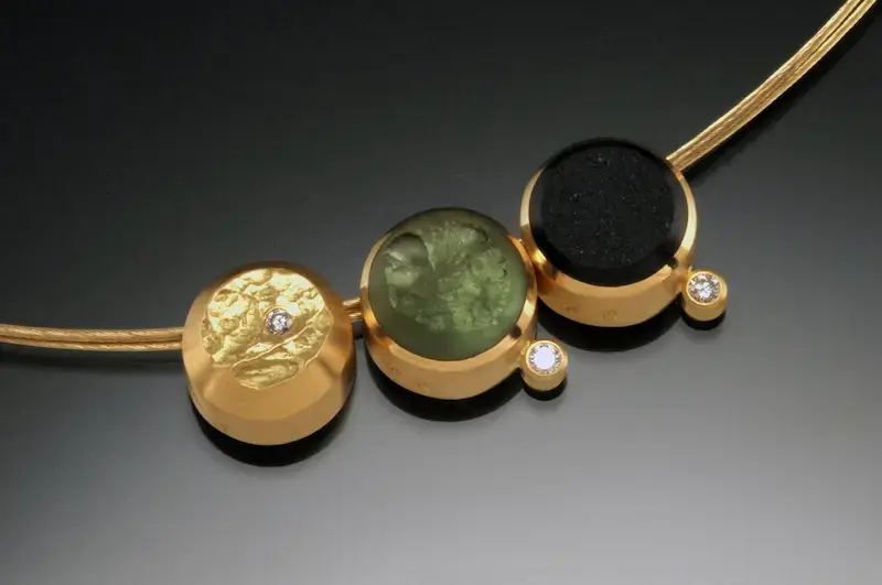 18K Yellow Gold inlaid with Black Jade, Moldavite, and Gold